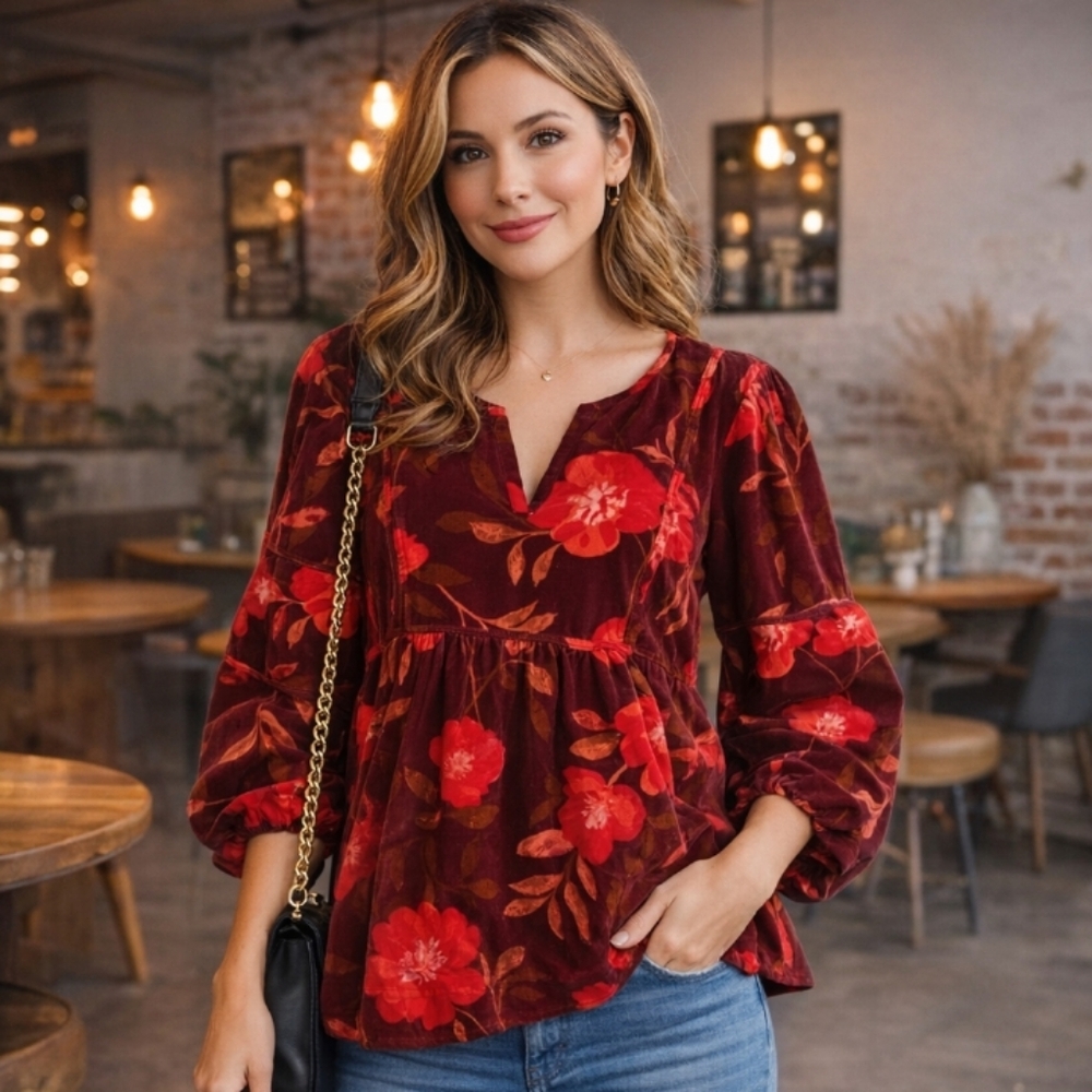 Burgundy Red Floral Peasant Boho‎ Corduroy Top Romantic  Cottagecore Size S/P